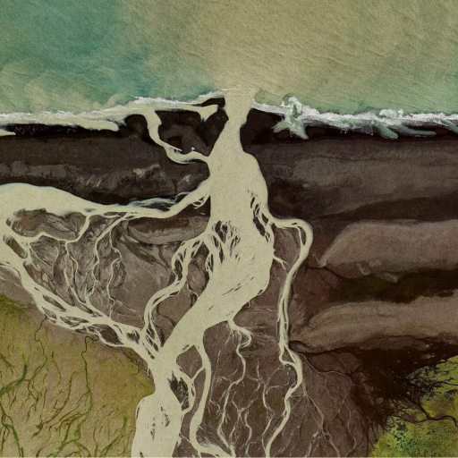 Aerial view of a river delta with branching waterways, shaped by natural intelligence, flowing into the sea and surrounded by green and brown land.