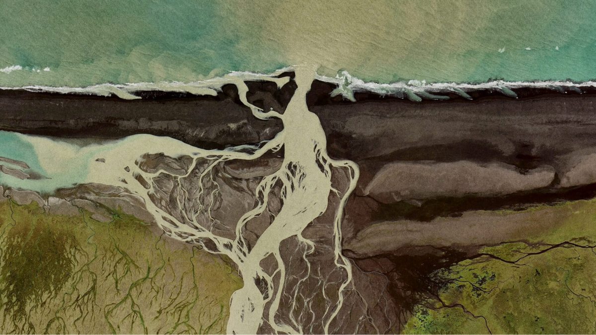 Aerial view of a river delta with branching waterways, shaped by natural intelligence, flowing into the sea and surrounded by green and brown land.