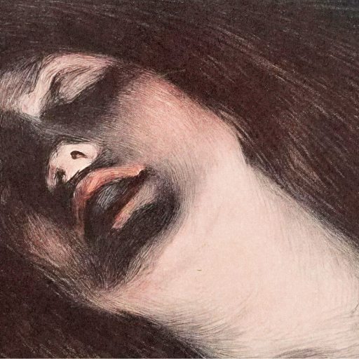 A close-up drawing of a woman's face with her eyes closed, head tilted back in pleasure, and dramatic shadows cast across her cheeks and lips.