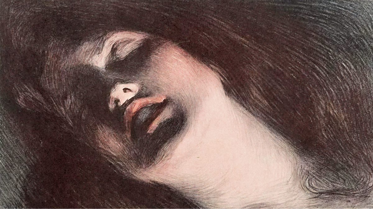 A close-up drawing of a woman's face with her eyes closed, head tilted back in pleasure, and dramatic shadows cast across her cheeks and lips.