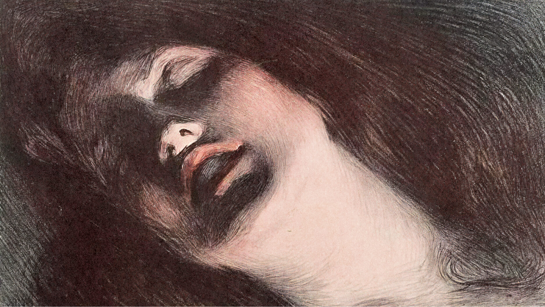 A close-up drawing of a woman's face with her eyes closed, head tilted back in pleasure, and dramatic shadows cast across her cheeks and lips.