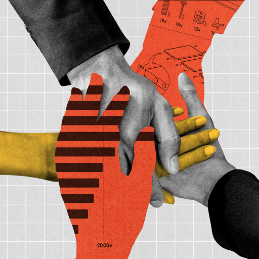 Three hands, each in different colors and styles, stack on top of each other over a red, chart-patterned cutout against a gray grid background, reflecting the spirit of collaboration seen in current leadership development trends.