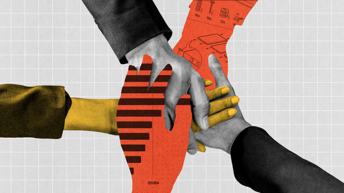 Three hands, each in different colors and styles, stack on top of each other over a red, chart-patterned cutout against a gray grid background, reflecting the spirit of collaboration seen in current leadership development trends.
