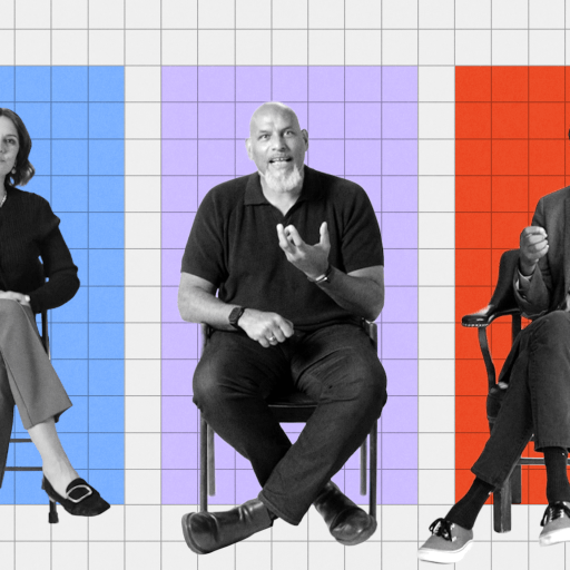 Three people sit on chairs against a grid background, each framed by a colored rectangle—blue, purple, and red—engaged in conversation or discussion.