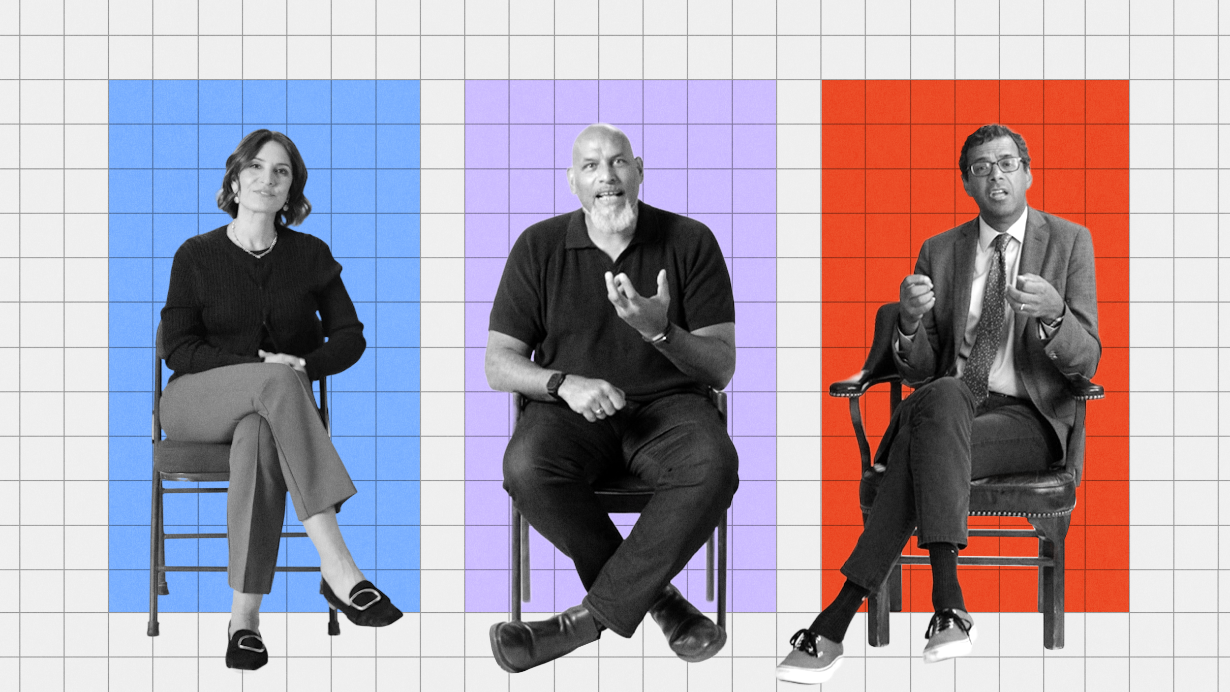 Three people sit on chairs against a grid background, each framed by a colored rectangle—blue, purple, and red—engaged in conversation or discussion.