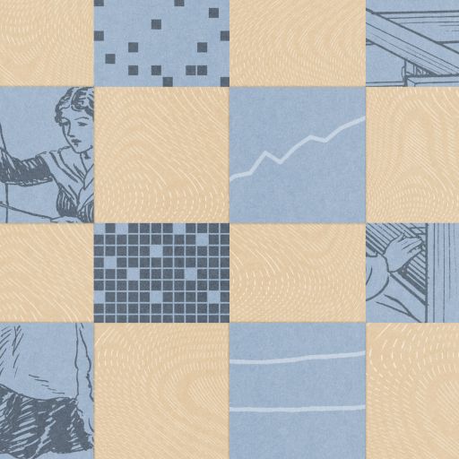 A checkerboard pattern of blue and beige squares features line art of people, abstract graphs, black pixel clusters, fingerprint-like textures, and hints of AI lessons woven throughout the design.