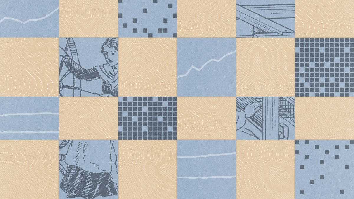 A checkerboard pattern of blue and beige squares features line art of people, abstract graphs, black pixel clusters, fingerprint-like textures, and hints of AI lessons woven throughout the design.