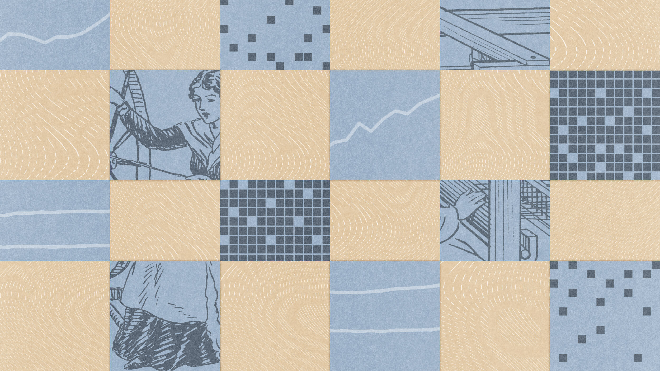 A checkerboard pattern of blue and beige squares features line art of people, abstract graphs, black pixel clusters, fingerprint-like textures, and hints of AI lessons woven throughout the design.