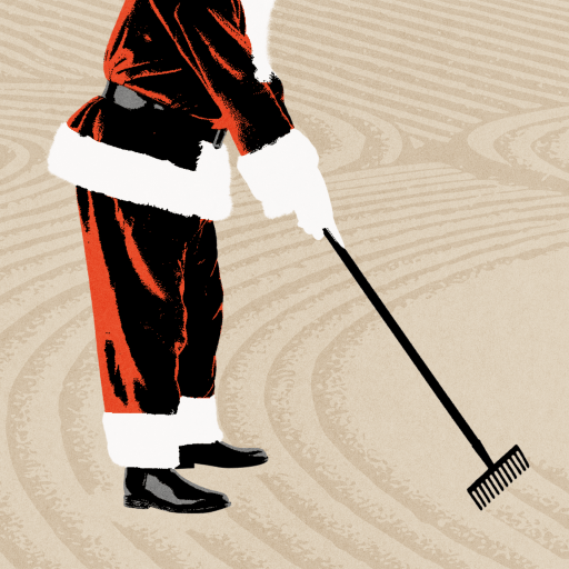 Person wearing a Santa Claus suit rakes sand in a purposeful pattern, resembling a Zen garden, against a beige background.