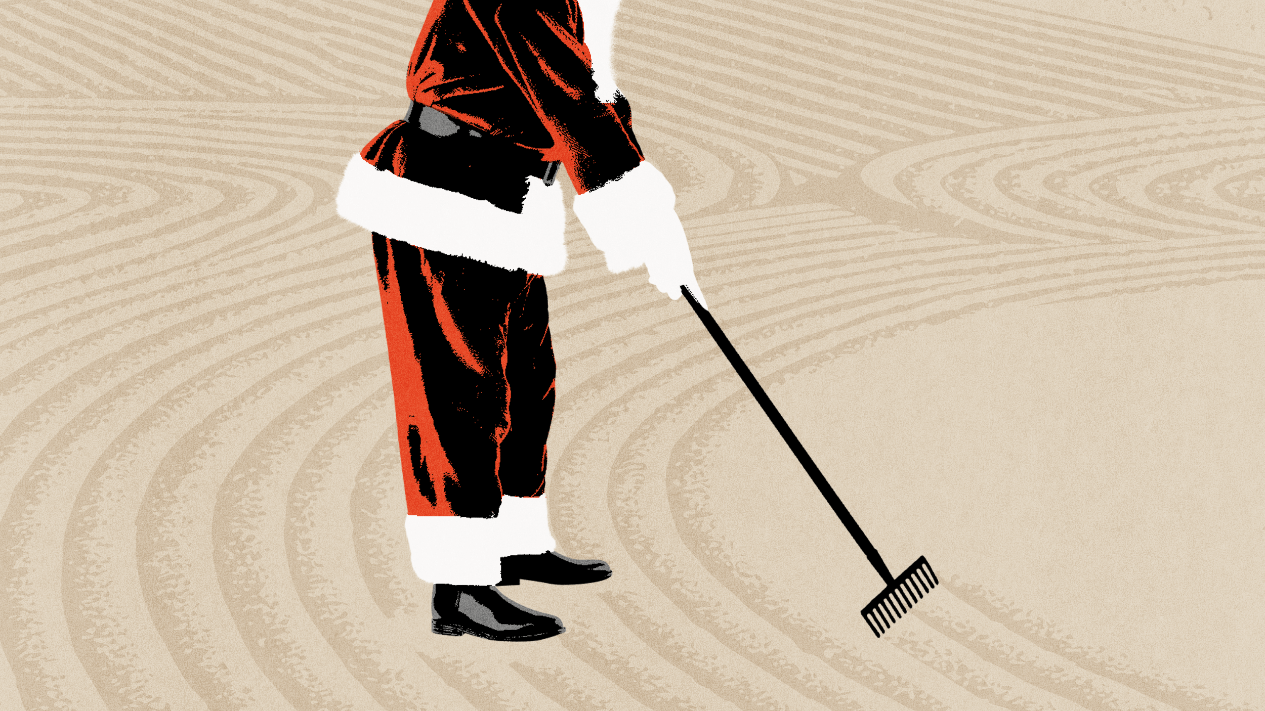 Person wearing a Santa Claus suit rakes sand in a purposeful pattern, resembling a Zen garden, against a beige background.