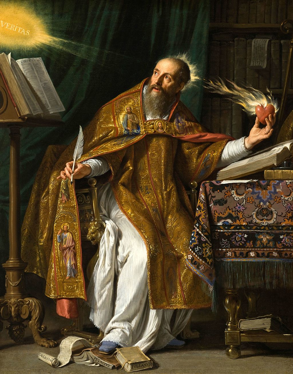 A bearded man in ornate robes sits at a desk holding a flaming heart, surrounded by books and writing materials, with light shining on him from above.
