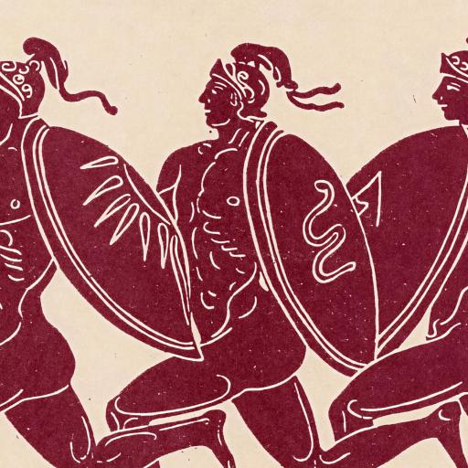 Ancient-style illustration of three nude male warriors running, each holding a decorated round shield and wearing a crested helmet, inspired by themes explored by thinkers like Ezekiel Emanuel.