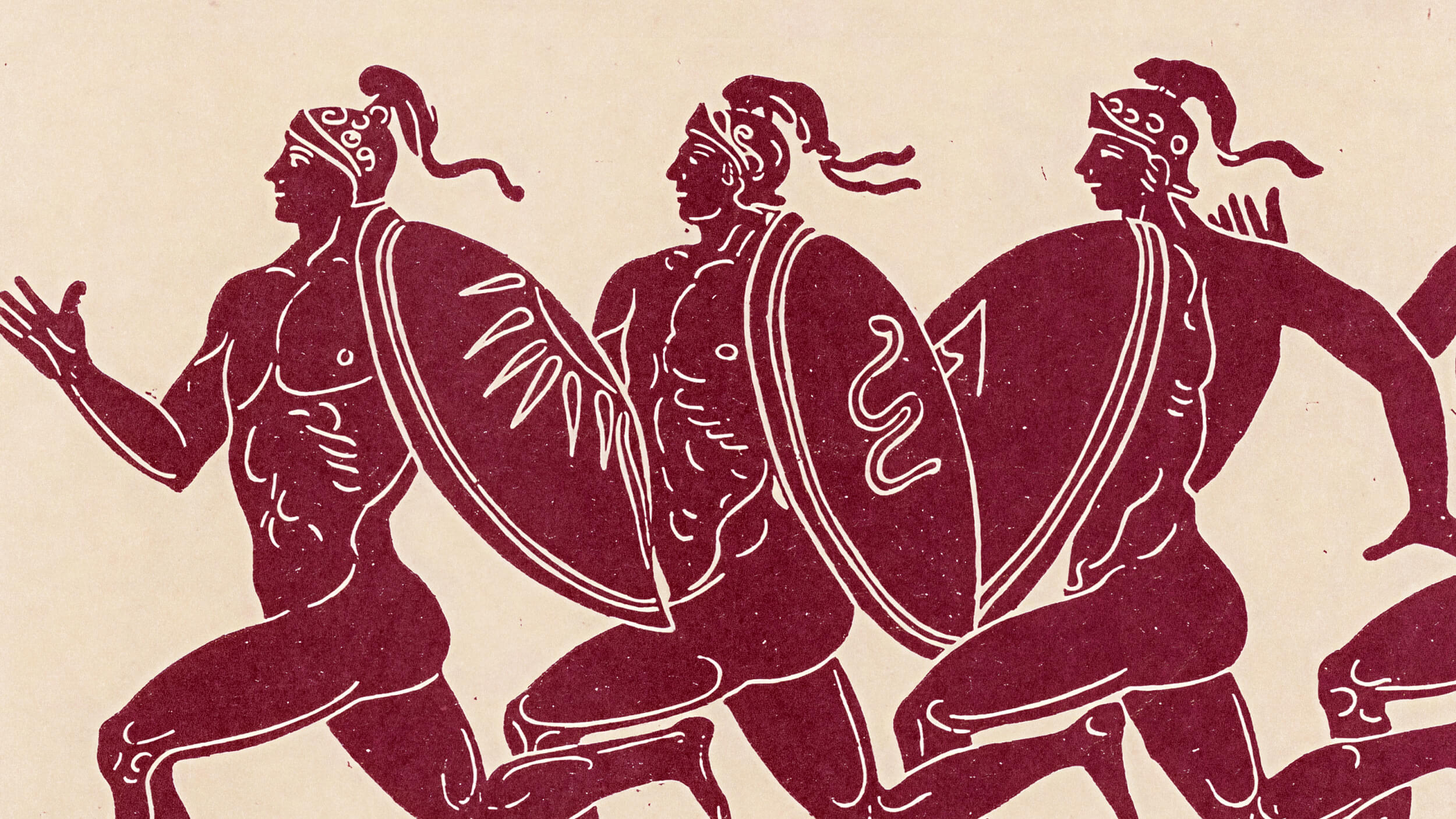 Ancient-style illustration of three nude male warriors running, each holding a decorated round shield and wearing a crested helmet, inspired by themes explored by thinkers like Ezekiel Emanuel.