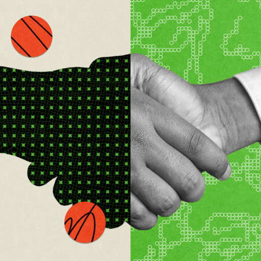 Illustration of two hands shaking, with basketballs and a digital pattern overlaying the hands on a green and beige background.