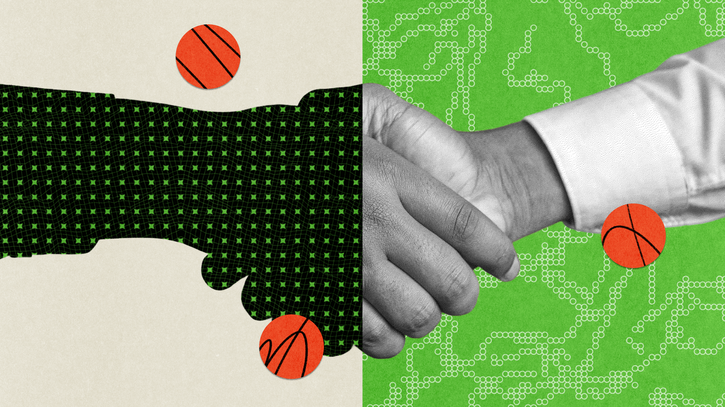 Illustration of two hands shaking, with basketballs and a digital pattern overlaying the hands on a green and beige background.