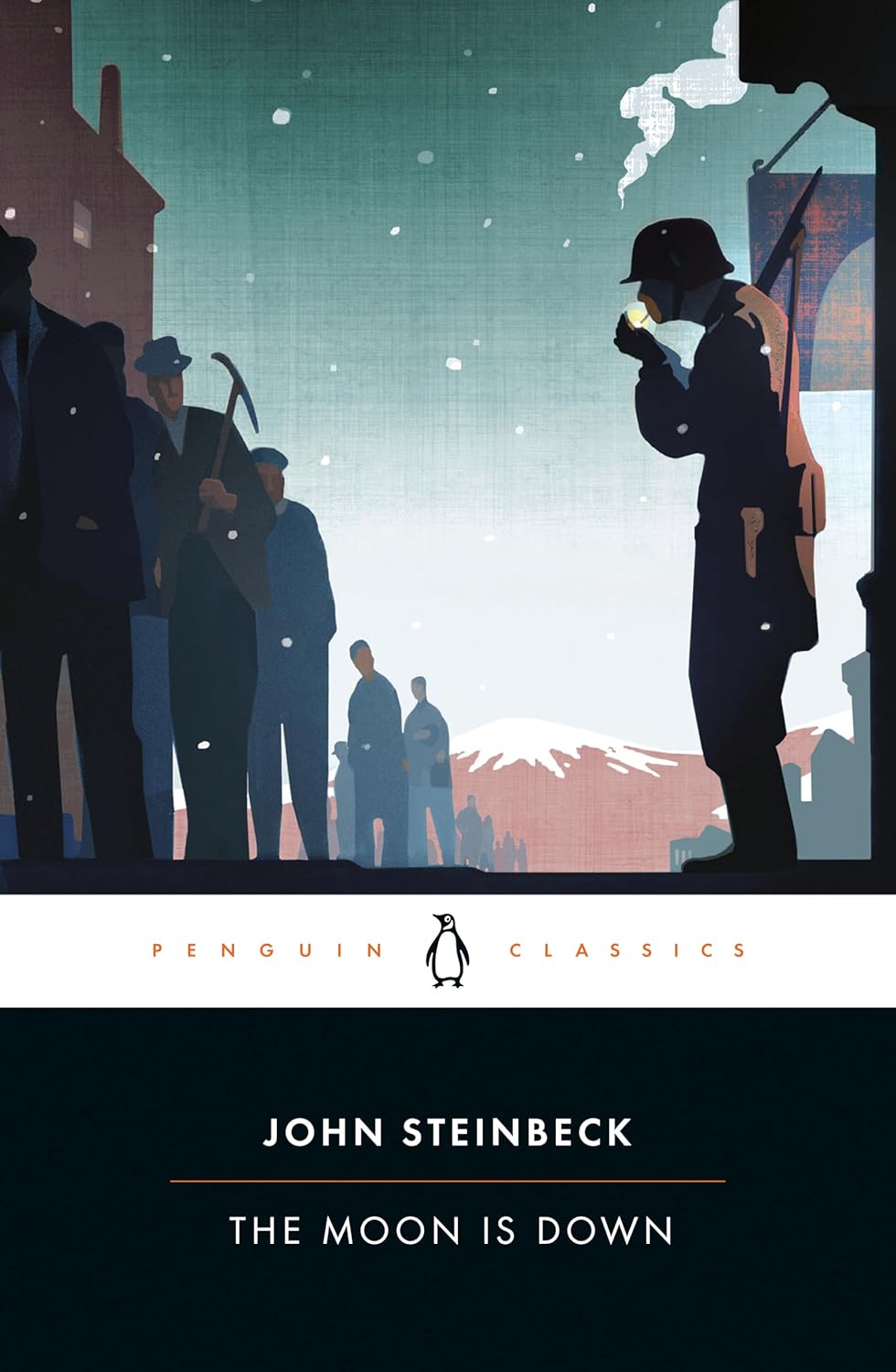 Stylized illustration of a soldier lighting a cigarette in a snowy town square, with townspeople standing in the background; book cover for "The Moon Is Down" by John Steinbeck.