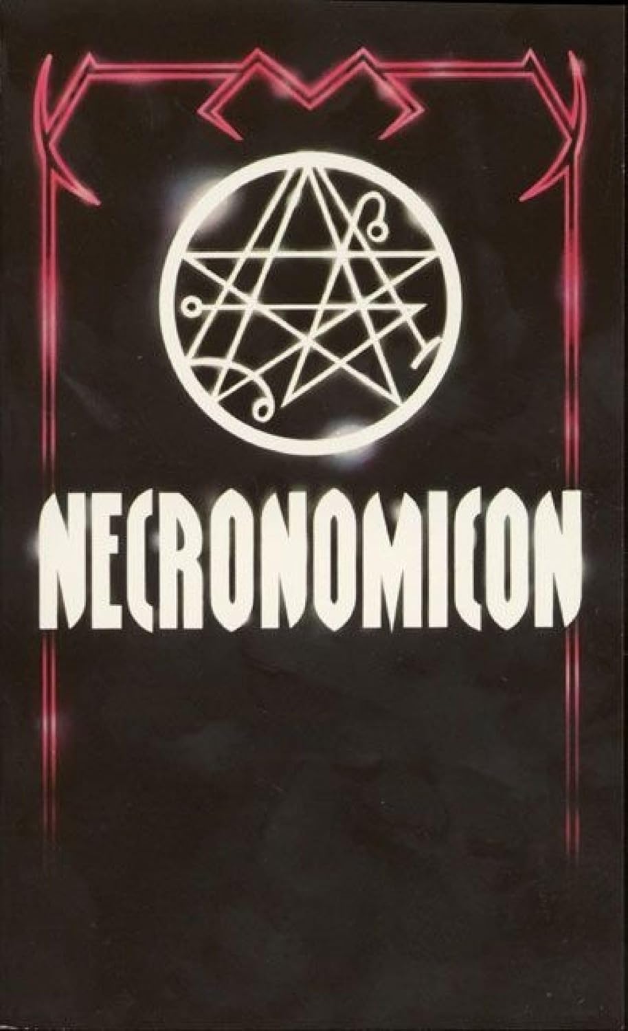 A black book cover with the title "NECRONOMICON" in bold white letters below a complex white sigil; pink decorative lines frame the top corners.