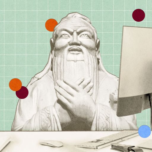A grayscale statue of a bearded man, inspired by Confucian wisdom, sits at a modern office desk with a computer, keyboard, mouse, and grid-patterned background with colored circles.