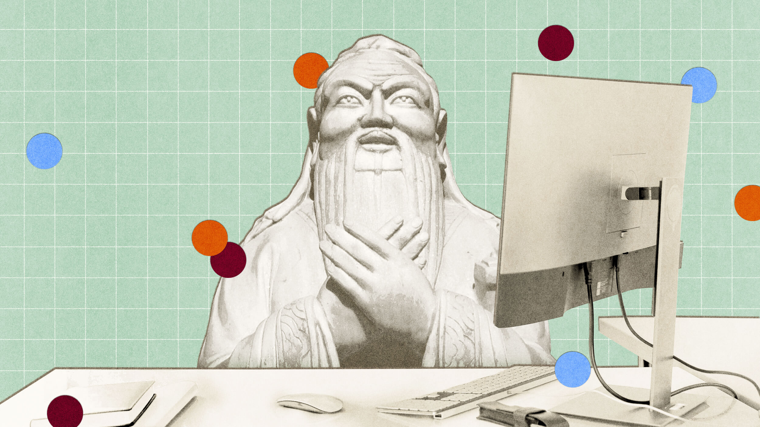 A grayscale statue of a bearded man, inspired by Confucian wisdom, sits at a modern office desk with a computer, keyboard, mouse, and grid-patterned background with colored circles.