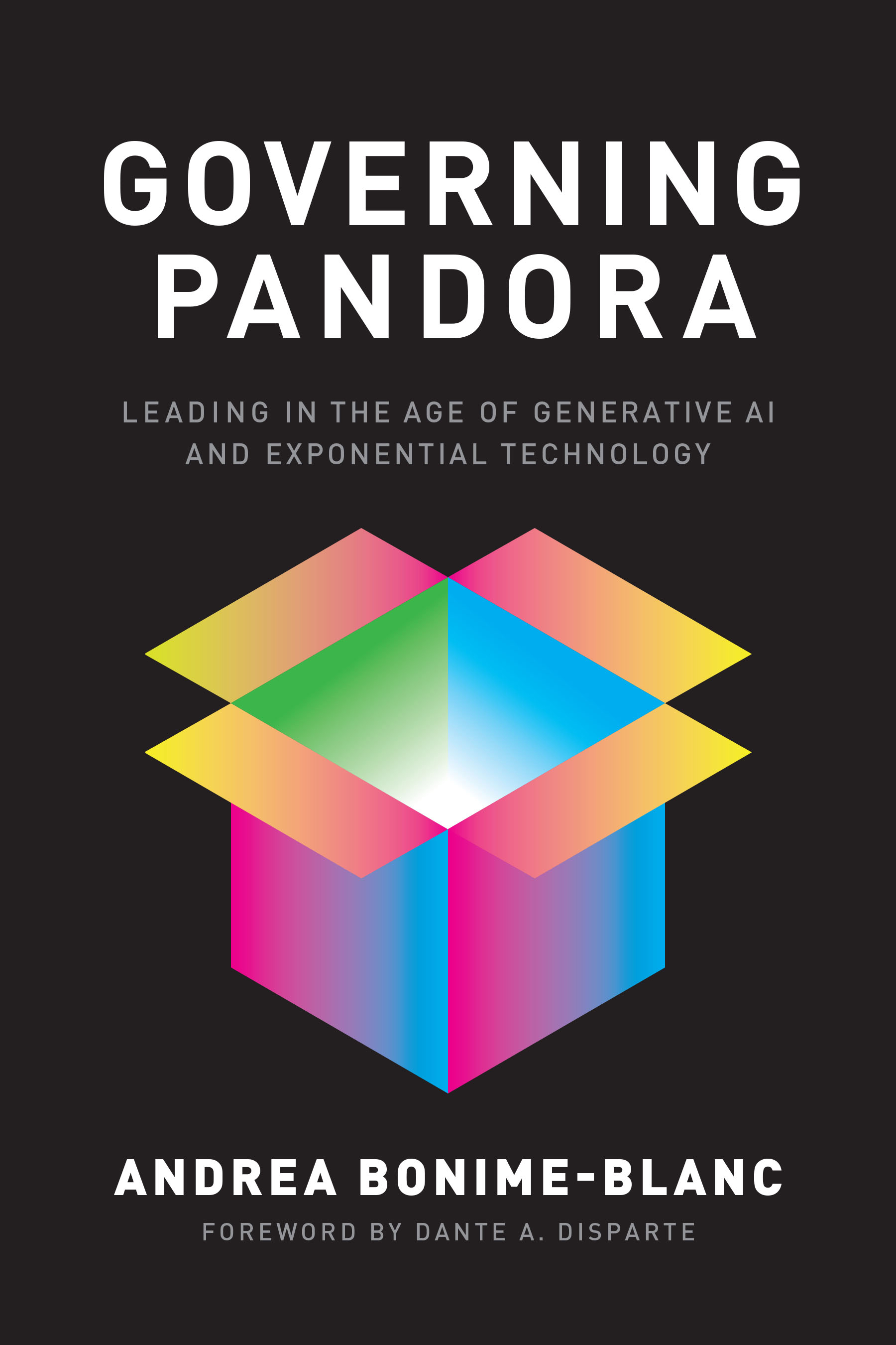 Book cover of "Governing Pandora" by Andrea Bonime-Blanc, featuring a colorful open box illustration on a black background.