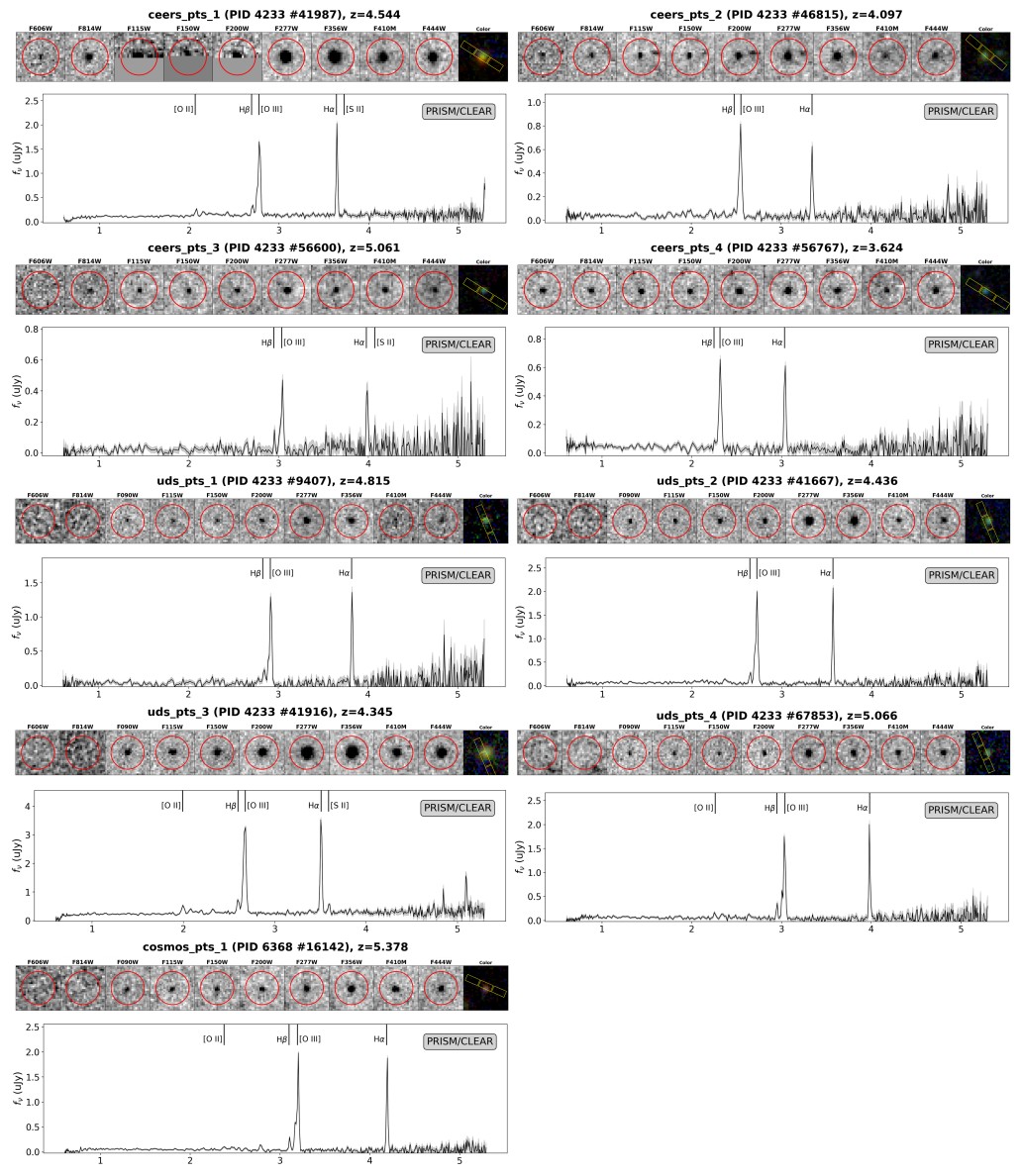 Twelve panels show celestial images, spectra graphs, and data for different JWST objects&mdash;each labeled with coordinates, redshift values, and even a whimsical platypus icon for unique finds.