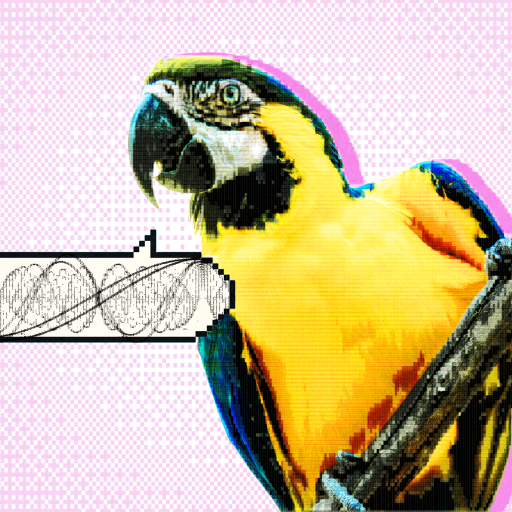 A yellow and blue parrot perches on a branch with a black-and-white DNA strand illustration overlaid on a pink, pixelated background.