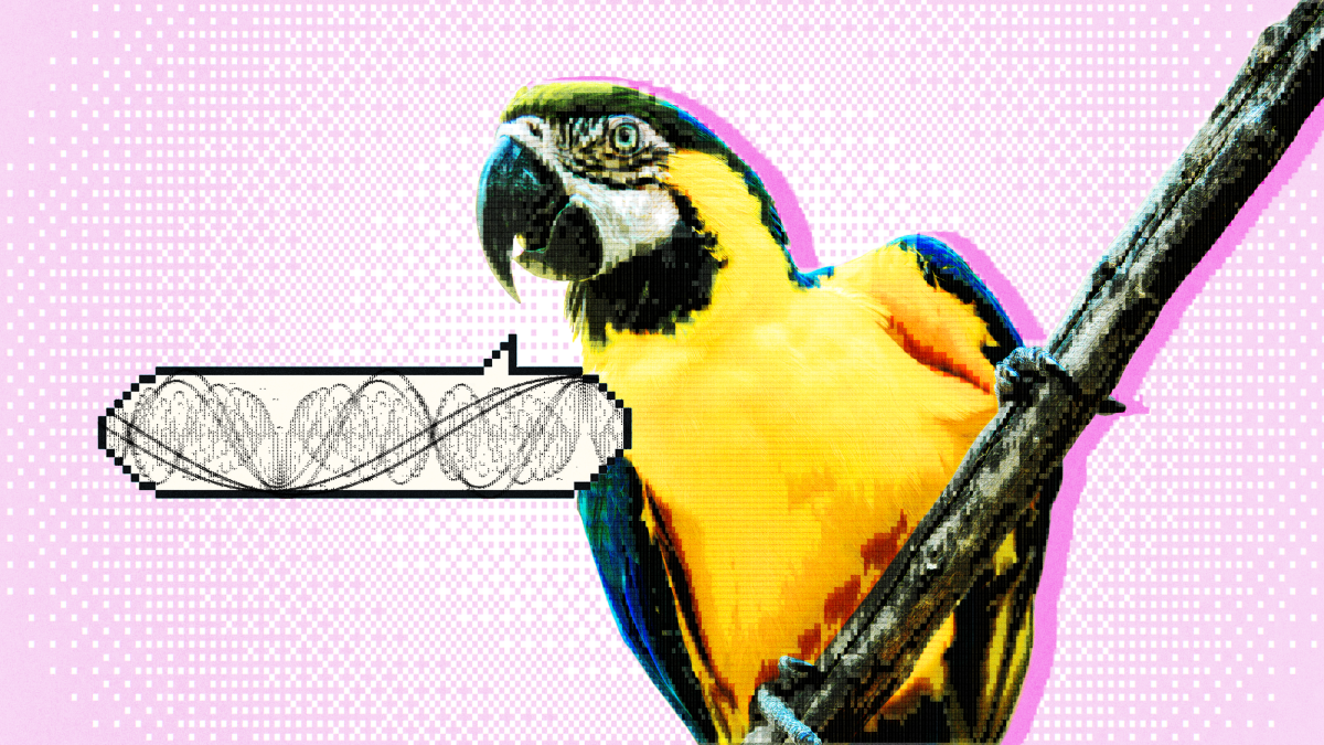A yellow and blue parrot perches on a branch with a black-and-white DNA strand illustration overlaid on a pink, pixelated background.