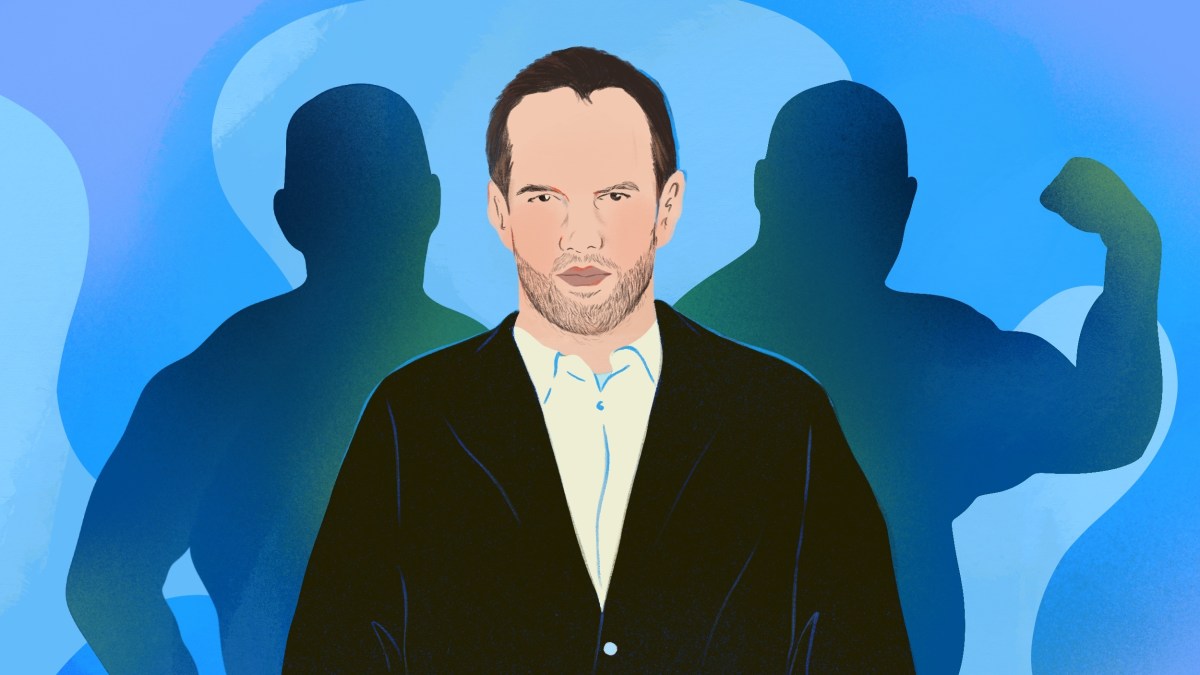 Illustration of a man in a suit with two shadowy, muscular figures flexing in the background, reminiscent of Ethan Suplee's transformation, set against a blue abstract backdrop.
