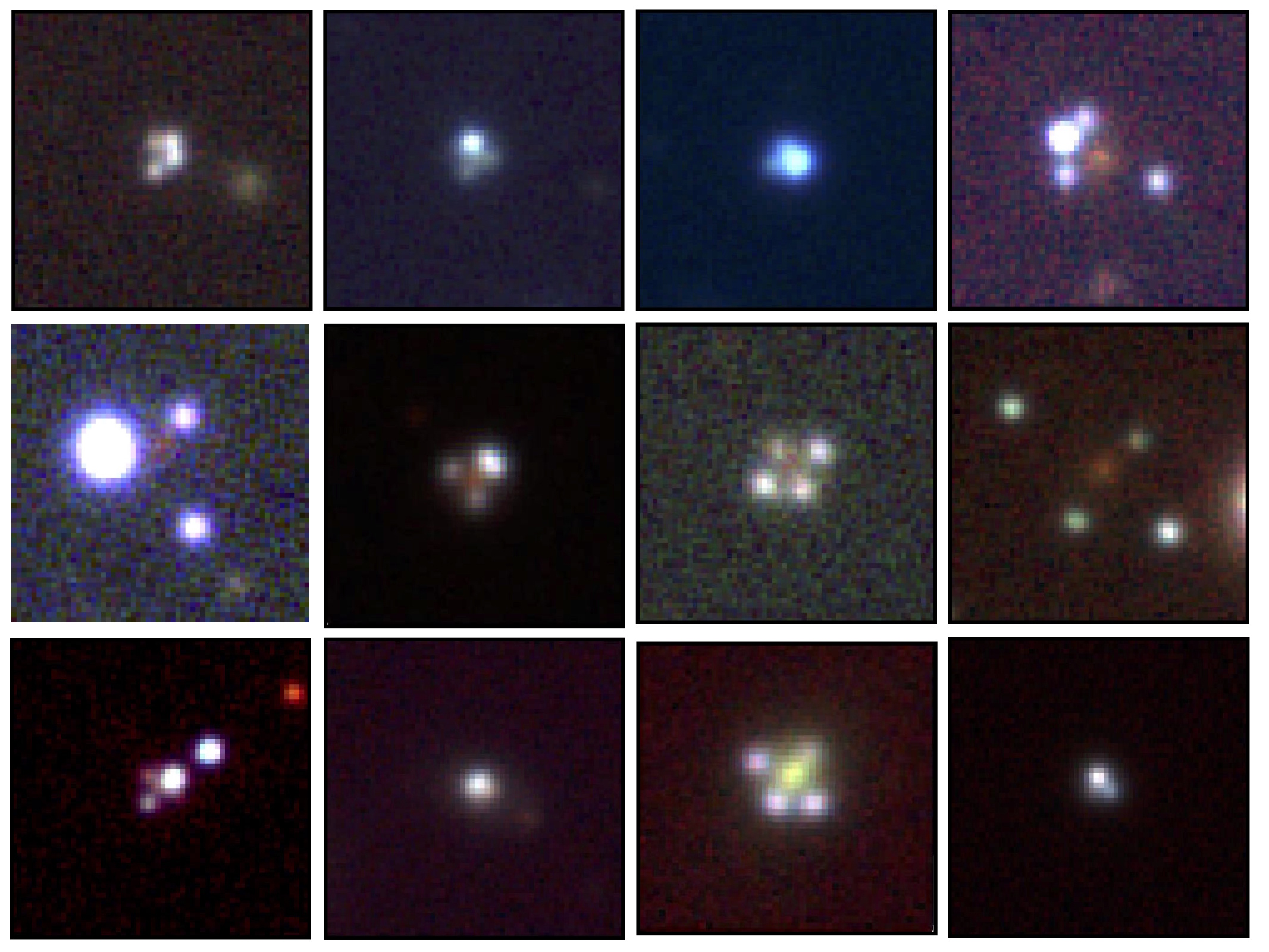 A grid of twelve small, blurry astronomical images shows various configurations of bright points of light&mdash;some arranged in a gravitational lens cross&mdash;against dark backgrounds.