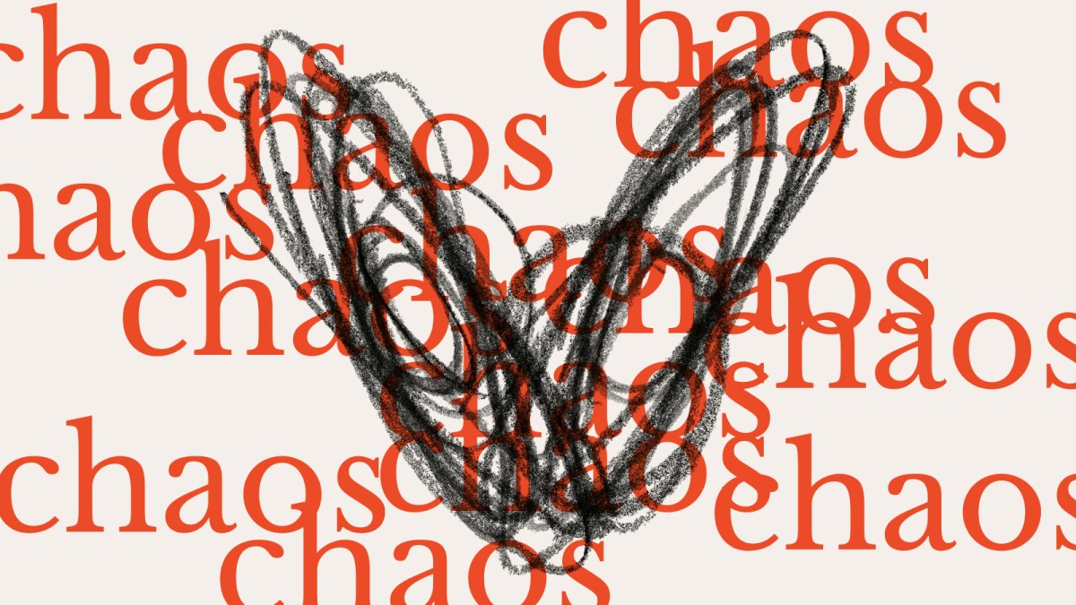The word "chaos" is repeatedly written in orange over a beige background, with a large, rough black scribble overlaid in the center.