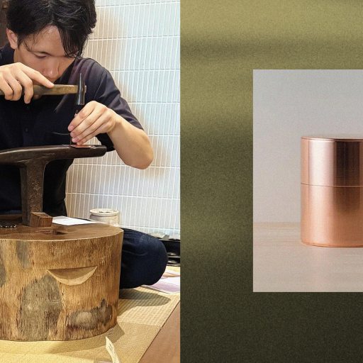 A craftsman hammers metal on a wooden block; beside him, a cylindrical copper container—showcasing Kaikado mastery—rests against a green background.