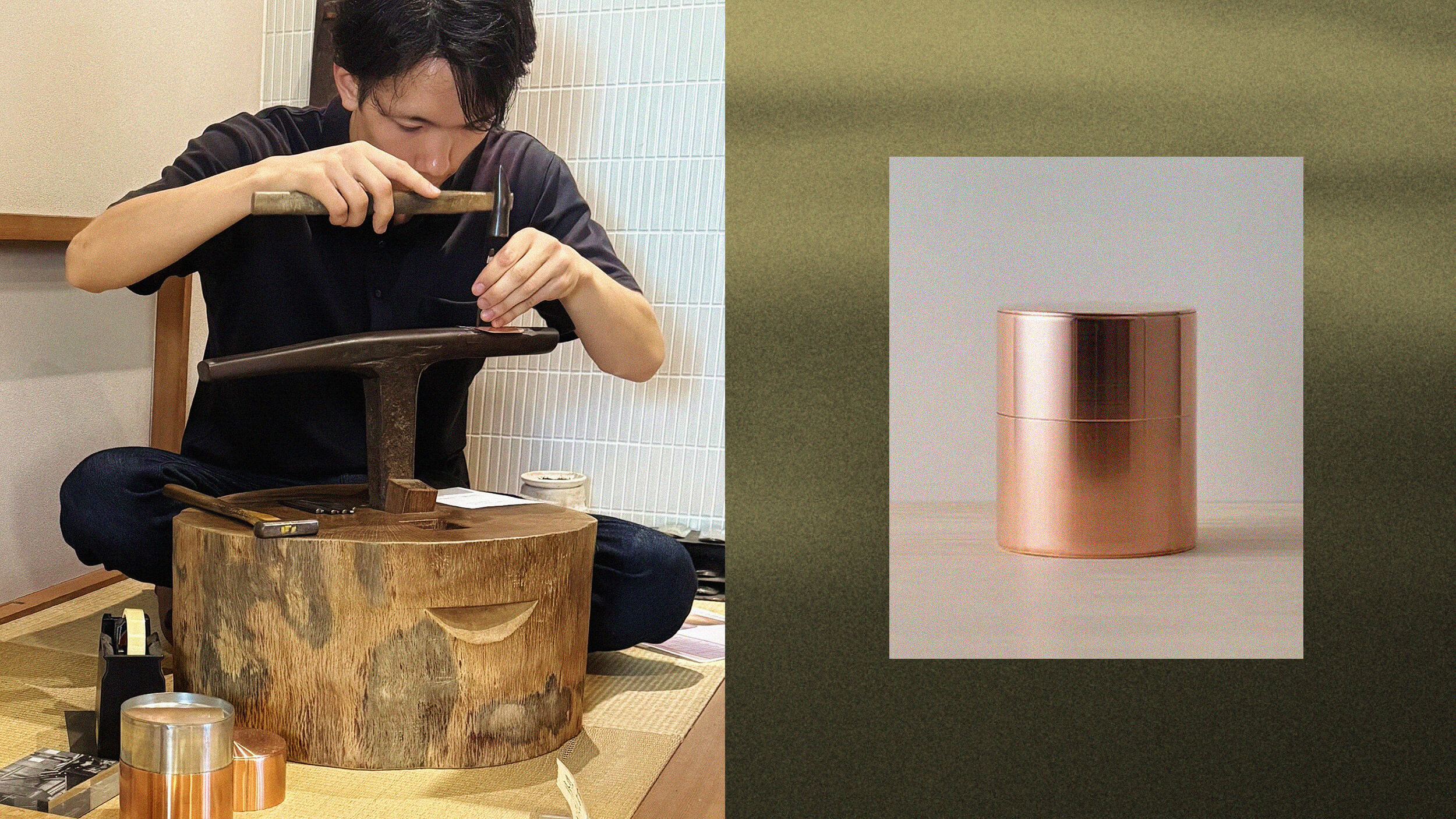A craftsman hammers metal on a wooden block; beside him, a cylindrical copper container—showcasing Kaikado mastery—rests against a green background.