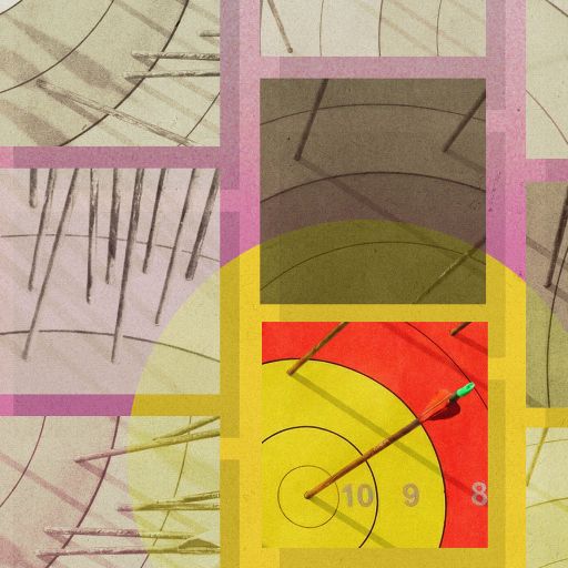 An abstract illustration shows overlapping target patterns, tally marks, and a dart hitting the bullseye—capturing a kaizen spirit—with pink gridlines and muted beige, yellow, and red tones.