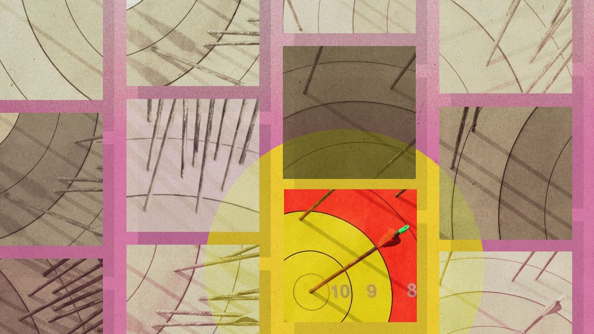 An abstract illustration shows overlapping target patterns, tally marks, and a dart hitting the bullseye—capturing a kaizen spirit—with pink gridlines and muted beige, yellow, and red tones.