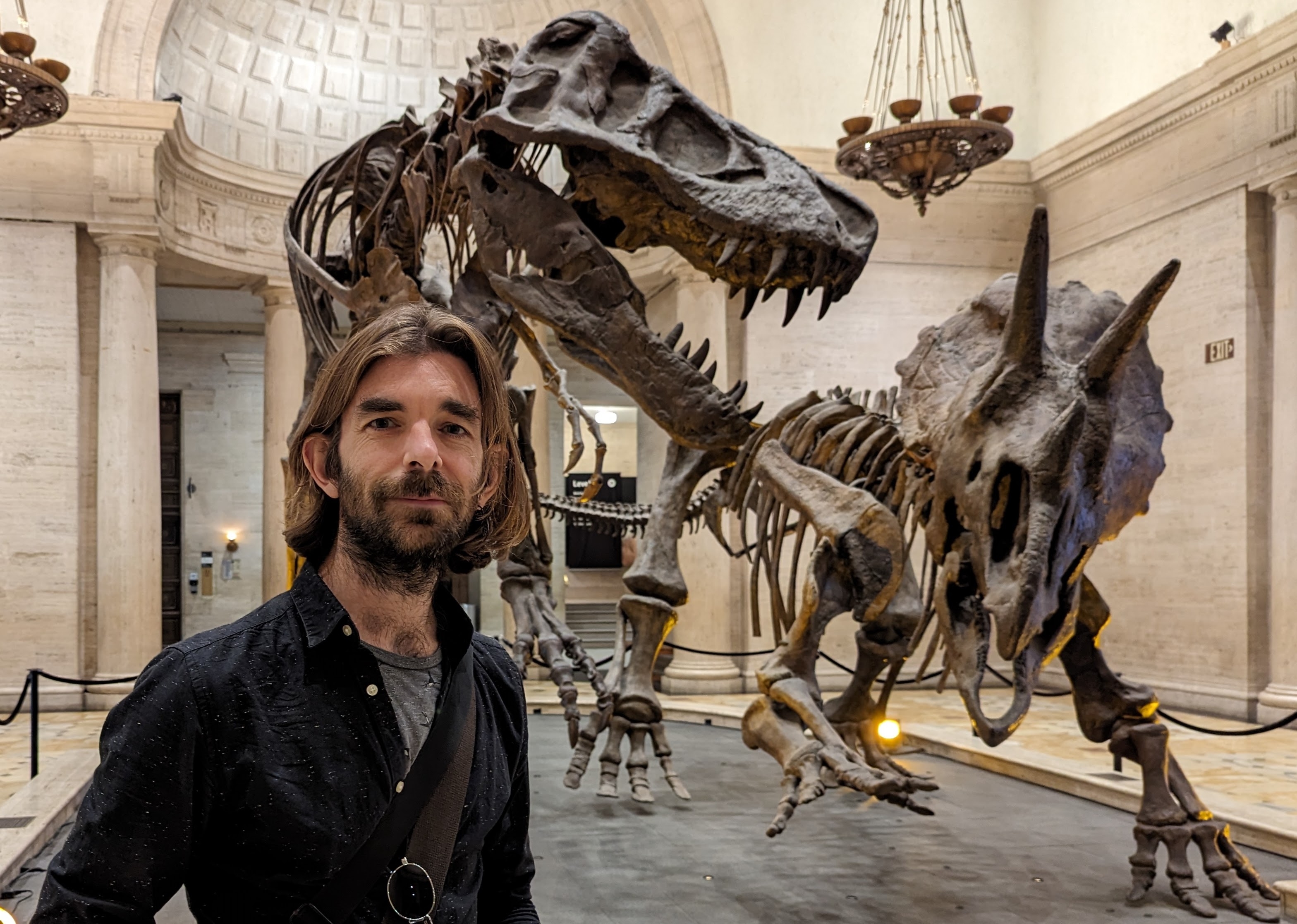 A man stands in front of a T. rex and Triceratops skeleton display in a museum with high, ornate ceilings and chandeliers.