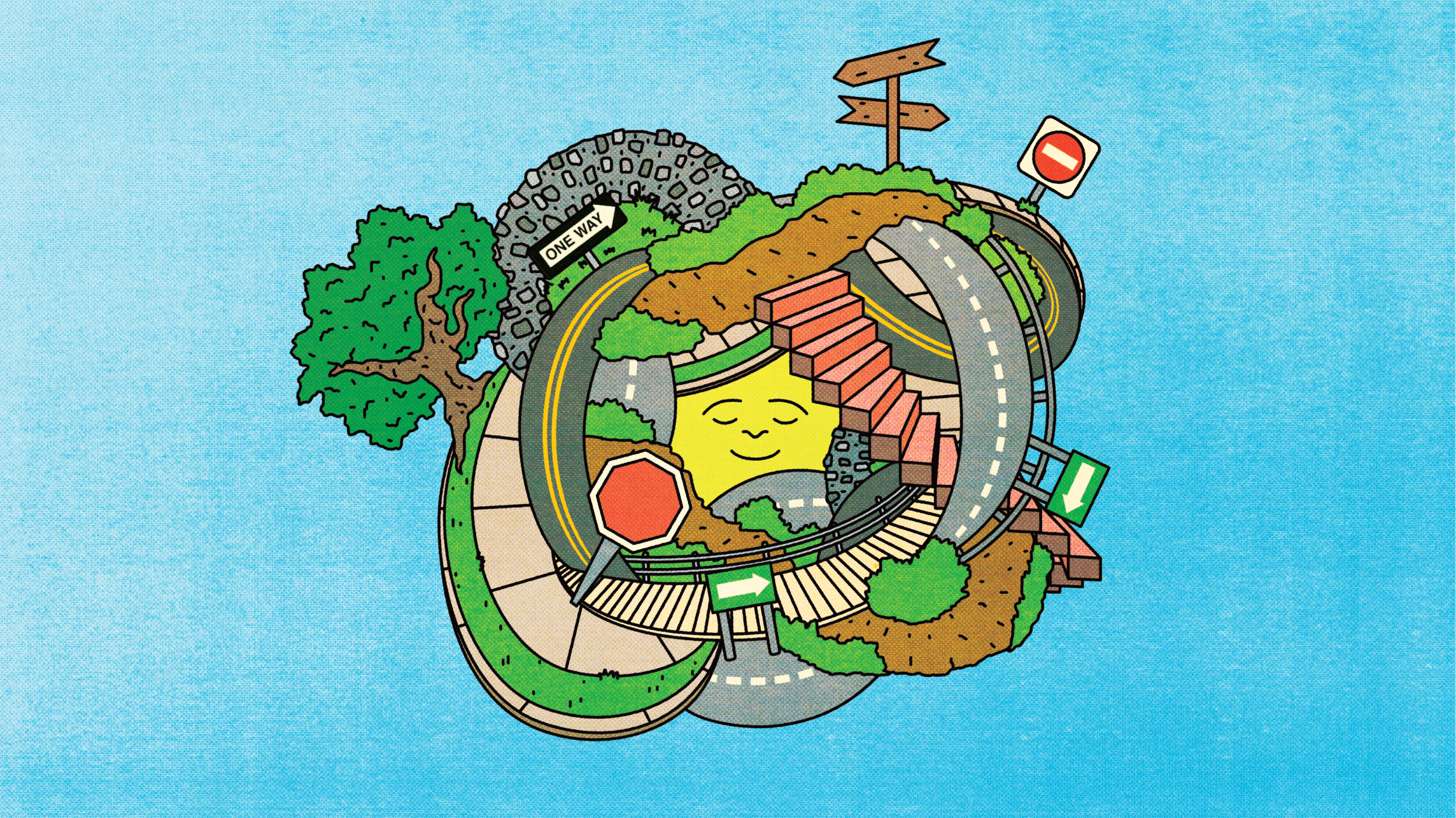 Illustration of twisted roads, sidewalks, and signs, including stop and one-way signs, arranged in a looping, surreal pattern with grass, a tree, and a smiling yellow face at the center.