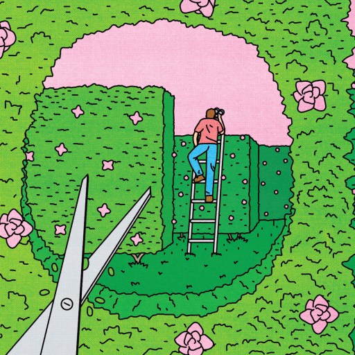 A person stands on a ladder trimming a green hedge decorated with pink flowers, while a large pair of scissors is visible in the foreground.