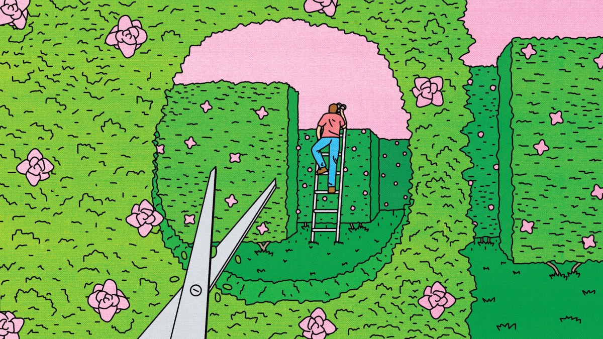 A person stands on a ladder trimming a green hedge decorated with pink flowers, while a large pair of scissors is visible in the foreground.