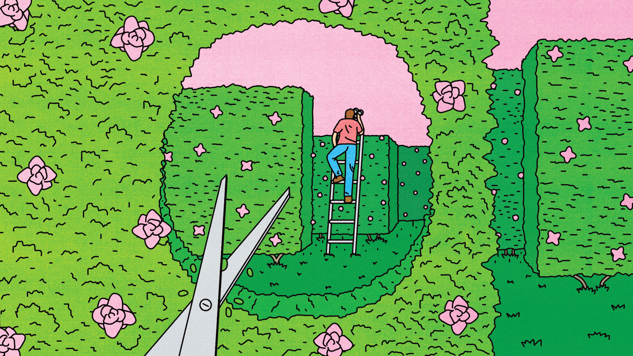 A person stands on a ladder trimming a green hedge decorated with pink flowers, while a large pair of scissors is visible in the foreground.