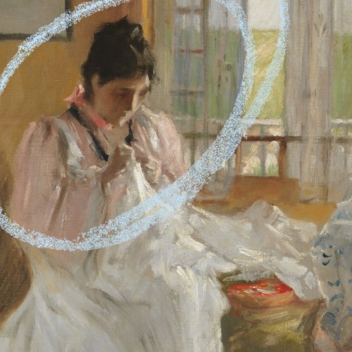 A woman in a light pink dress sits indoors sewing, surrounded by soft furnishings, with a blue-white chalk circle drawn around her upper body.