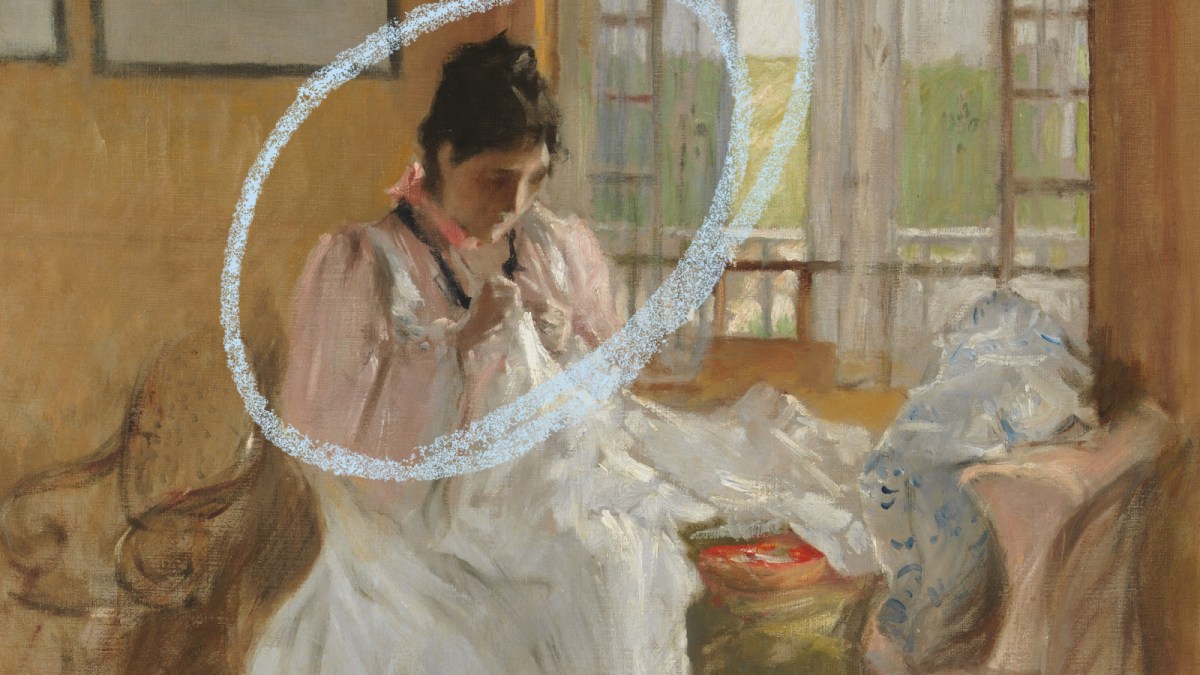 A woman in a light pink dress sits indoors sewing, surrounded by soft furnishings, with a blue-white chalk circle drawn around her upper body.