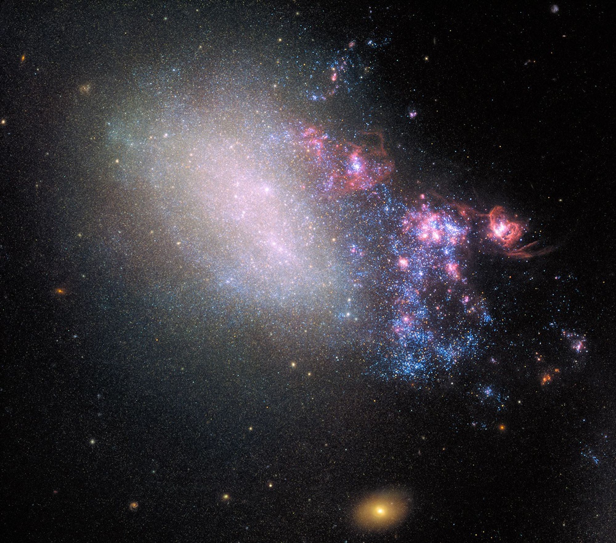 A bright, irregular galaxy with blue and pink star-forming regions is surrounded by scattered stars, as the JWST reveals the universe&rsquo;s beauty alongside a yellowish galaxy in the lower foreground.