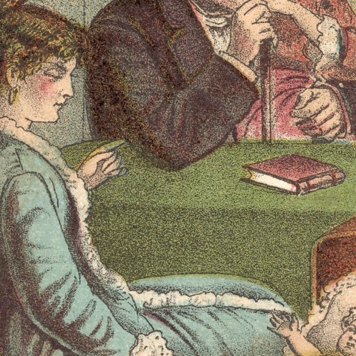A woman in a blue dress sits beside a cradle with a baby; two adults are seated at a green table with a closed book, highlighting the enduring importance of books in an age of advancing technology.
