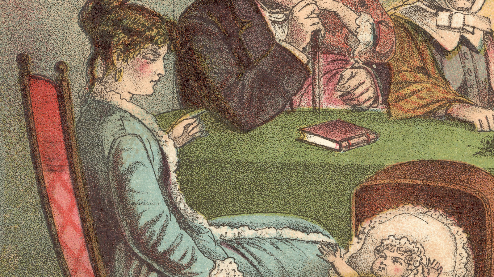 A woman in a blue dress sits beside a cradle with a baby; two adults are seated at a green table with a closed book, highlighting the enduring importance of books in an age of advancing technology.