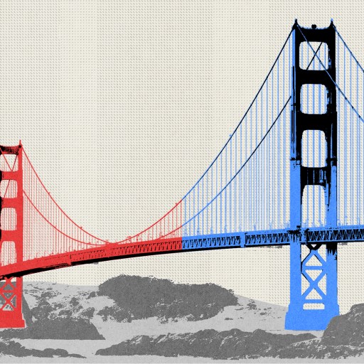 The Golden Gate Bridge is shown in a halftone style, with its left side tinted red and right side tinted blue, against a light background with hills.