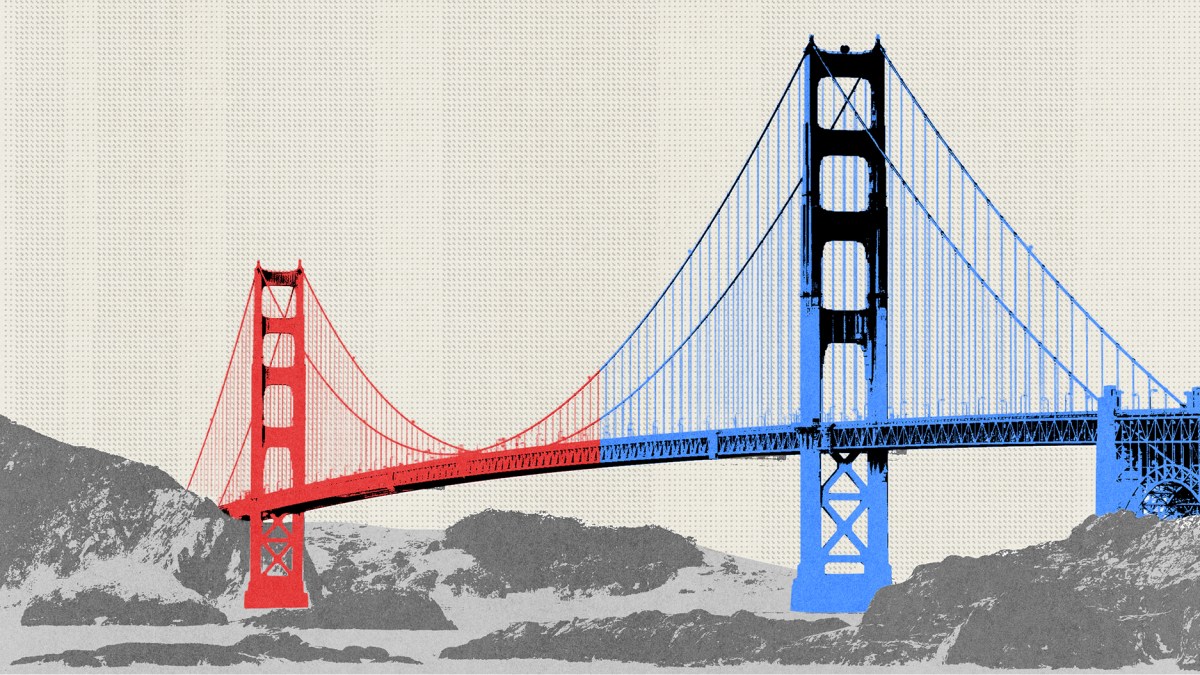 The Golden Gate Bridge is shown in a halftone style, with its left side tinted red and right side tinted blue, against a light background with hills.