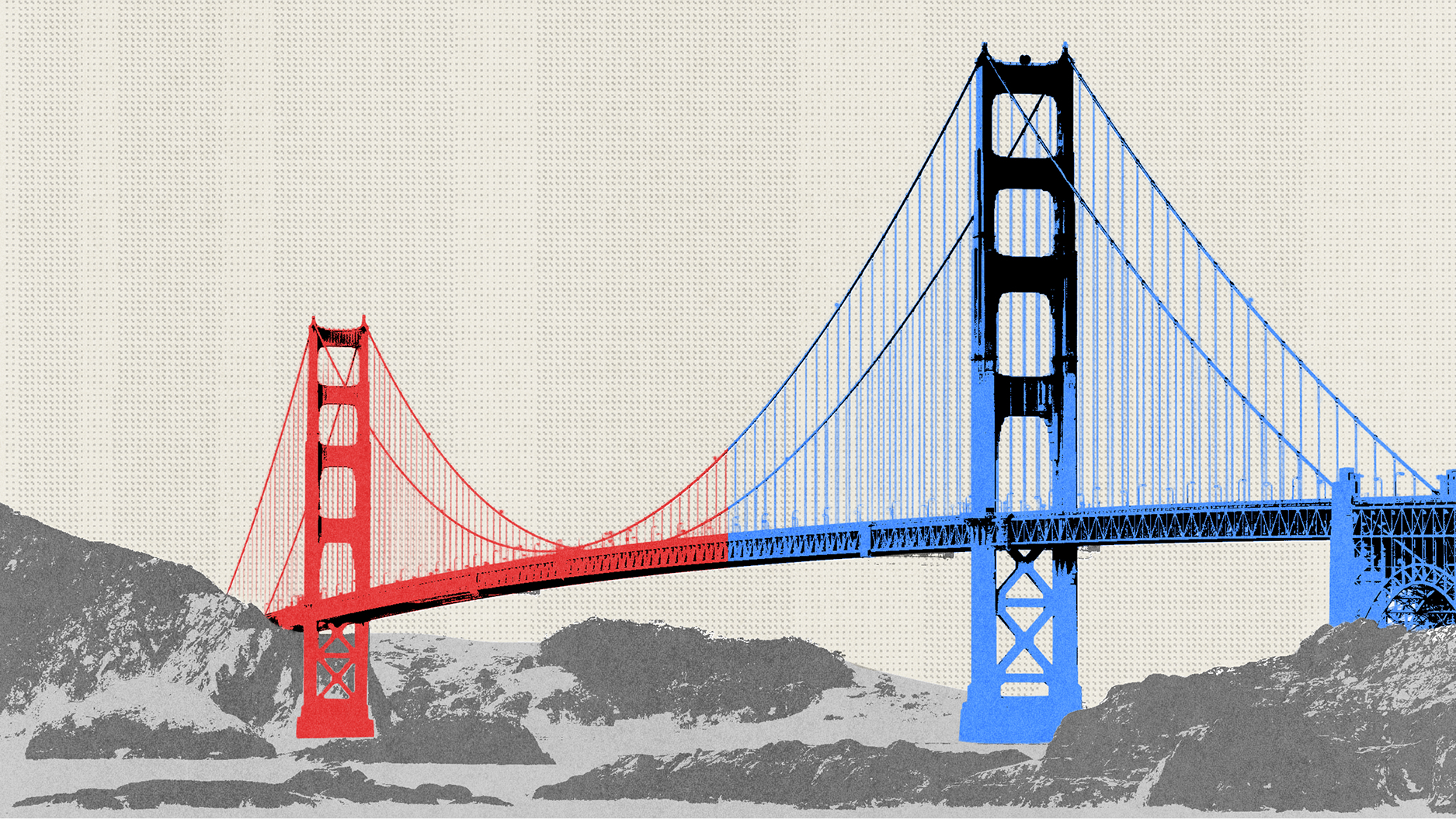 The Golden Gate Bridge is shown in a halftone style, with its left side tinted red and right side tinted blue, against a light background with hills.