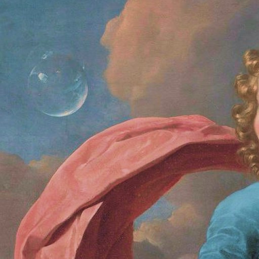 A young child with curly hair and a blue shirt stands in front of a cloudy sky with two floating soap bubbles and a pink fabric draped behind them.