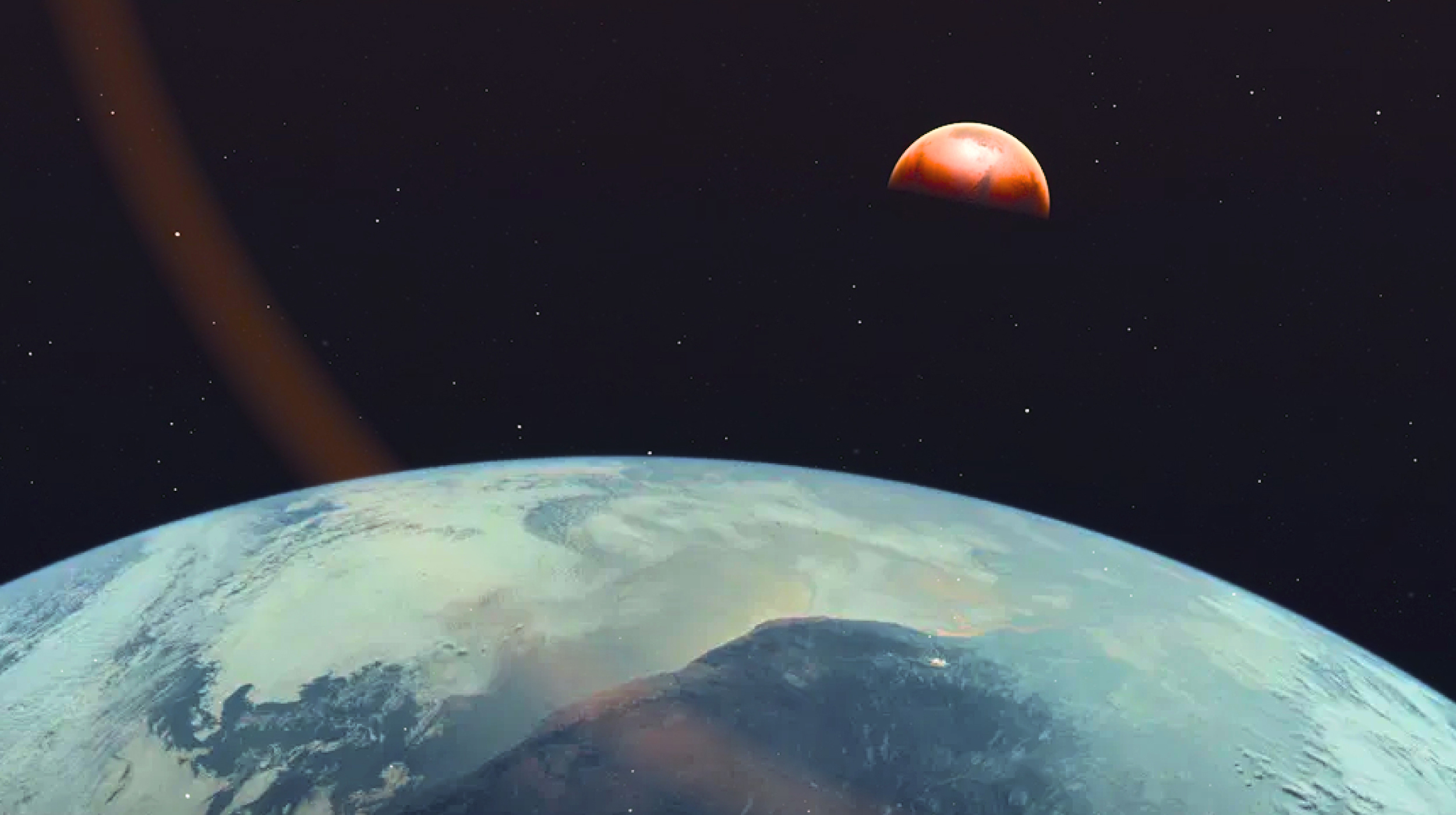 View of a planet’s surface in the foreground with a red moon or planet and stars visible in the background against the dark space.