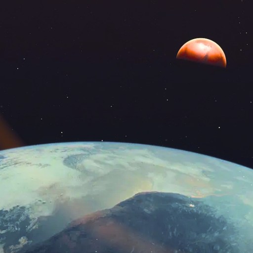 View of a planet’s surface in the foreground with a red moon or planet and stars visible in the background against the dark space.